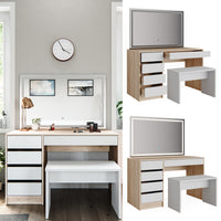 Vicco Tavolo da toeletta Bianco/Sonoma 120 cm con specchio LED e sgabello