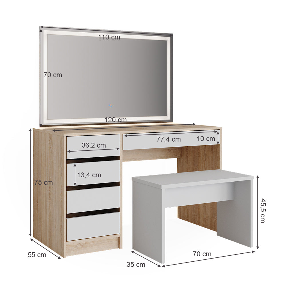 Vicco Tavolo da toeletta Bianco/Sonoma 120 cm con specchio LED e sgabello