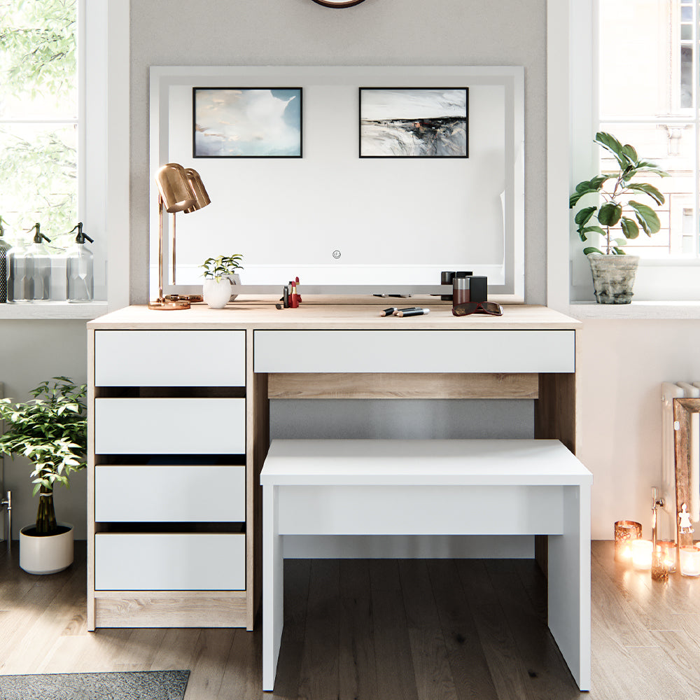 Vicco Tavolo da toeletta Bianco/Sonoma 120 cm con specchio LED e sgabello