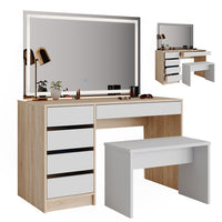 Vicco Tavolo da toeletta Bianco/Sonoma 120 cm con specchio LED e sgabello