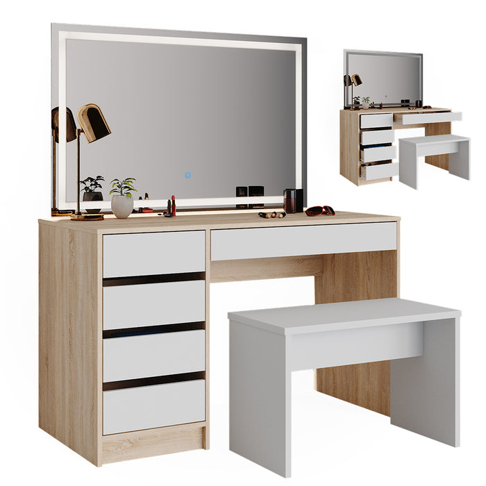 Vicco Tavolo da toeletta Bianco/Sonoma 120 cm con specchio LED e sgabello