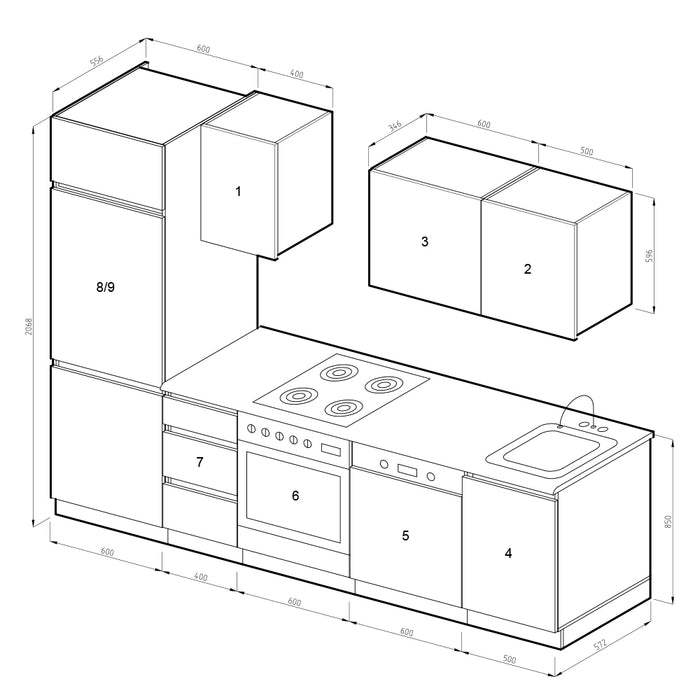 Vicco Cucina componibile Antracite lucido 270 cm senza piano di lavoro, senza maniglie con striscia LED