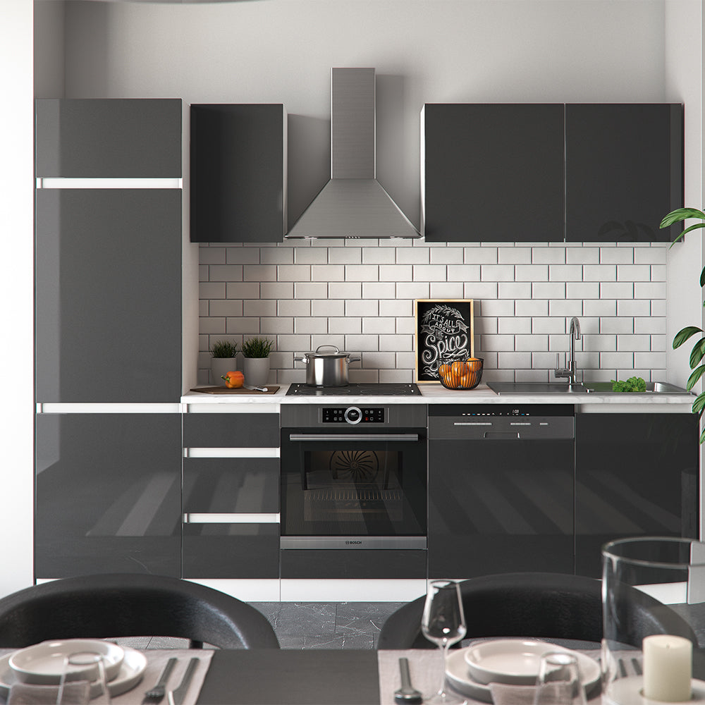 Vicco Cucina componibile Antracite lucido 270 cm senza piano di lavoro, senza maniglie con striscia LED