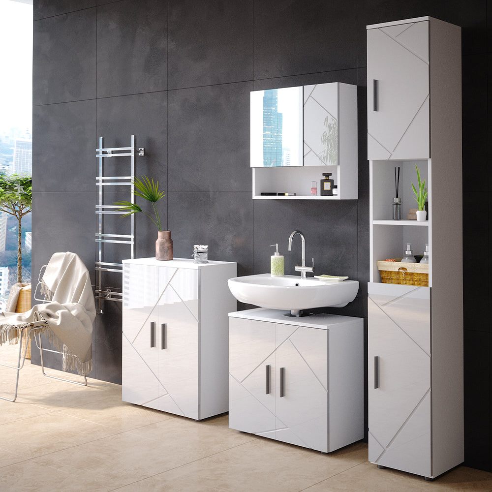 Vicco Set mobili bagno Bianco lucido 4 parti, con armadio alto e cassettiera