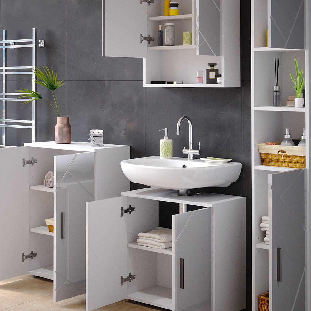 Vicco Set mobili bagno Bianco lucido 4 parti, con armadio alto e cassettiera