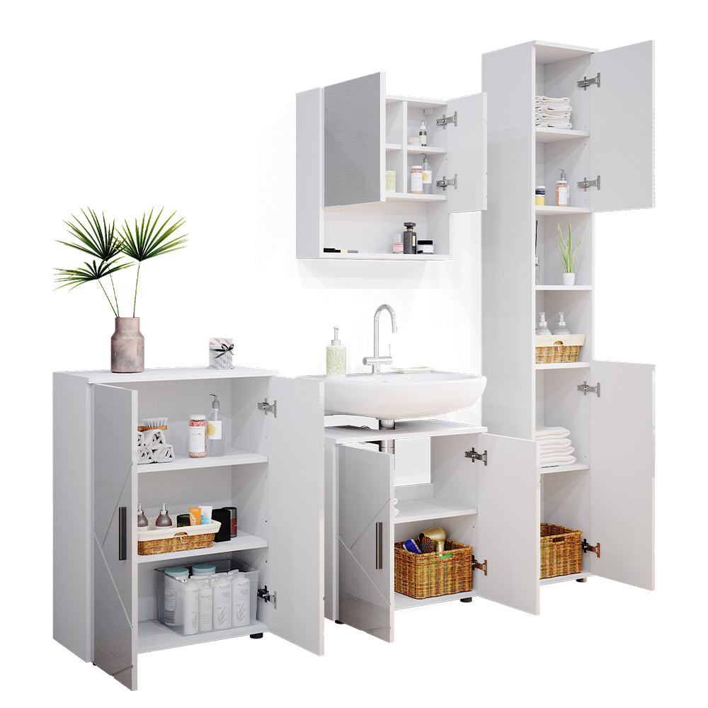 Vicco Set mobili bagno Bianco lucido 4 parti, con armadio alto e cassettiera