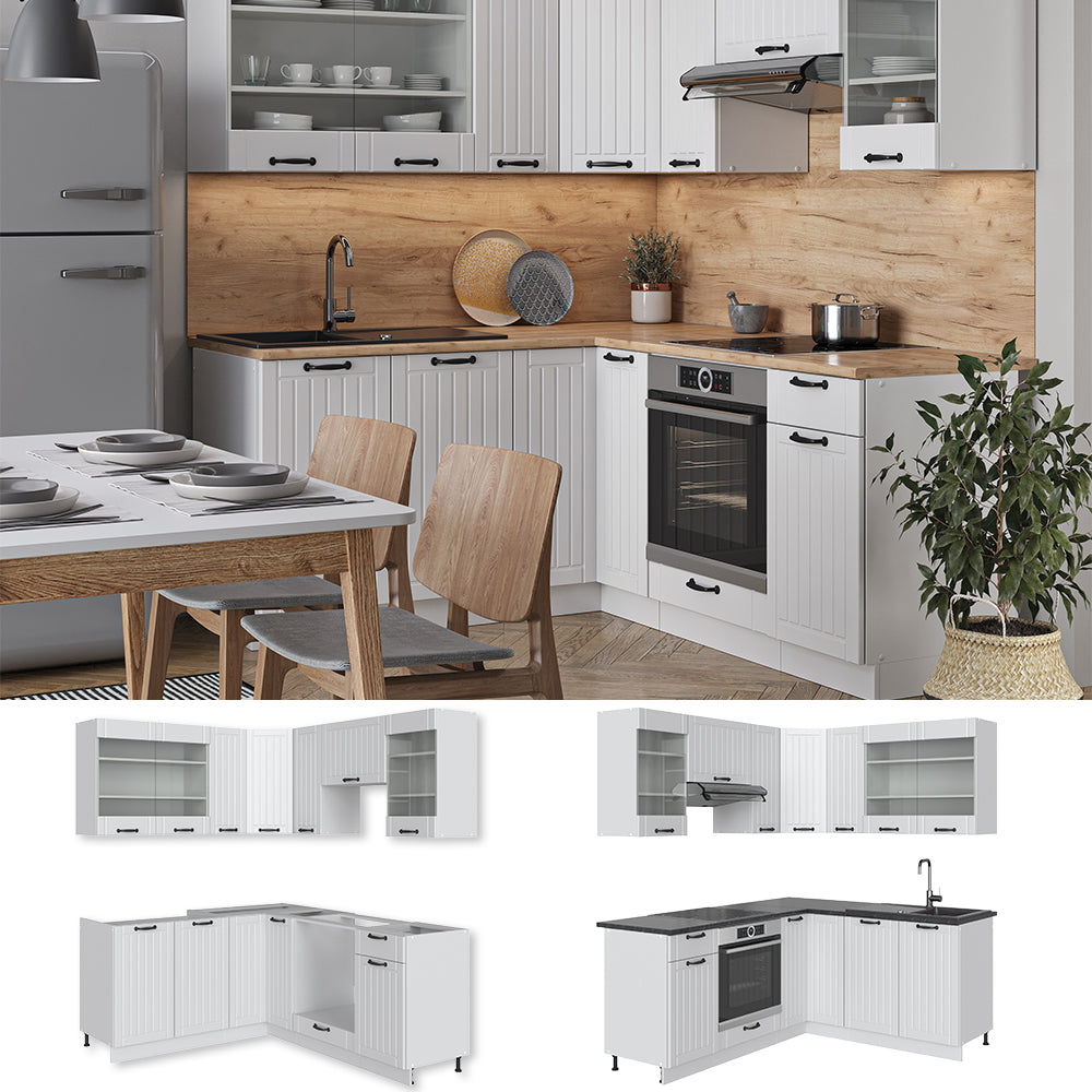 Vicco Cucina angolare completa Casa di campagna bianca/bianco 160 x 60 cm senza piano di lavoro