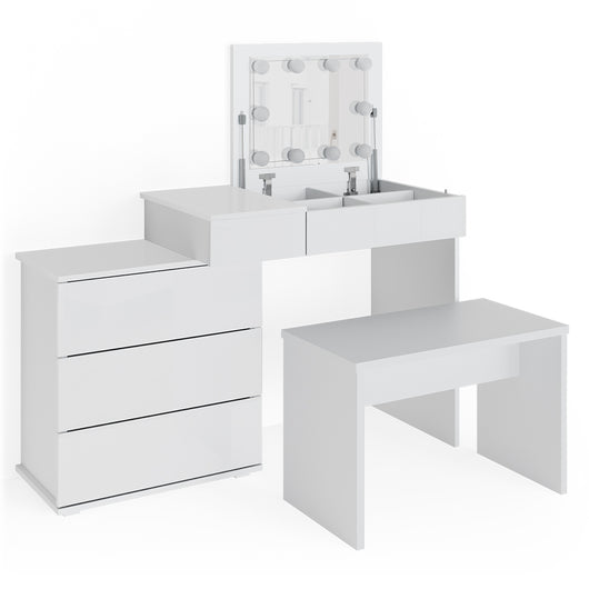 Vicco Tavolo da toeletta Bianco 117.4 cm con illuminazione a LED e panca