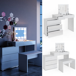 Vicco Tavolo da toeletta Bianco 117.4 cm con illuminazione a LED e panca