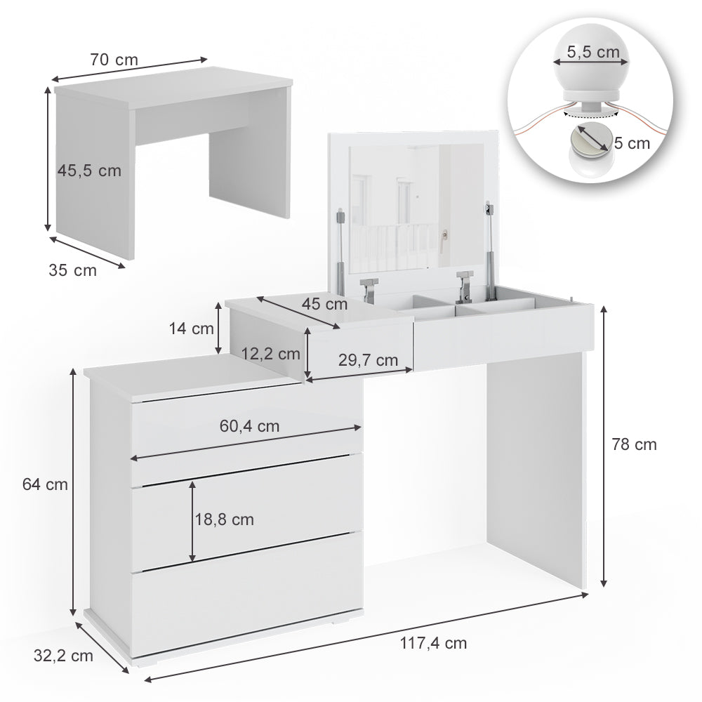 Vicco Tavolo da toeletta Bianco 117.4 cm con illuminazione a LED e panca
