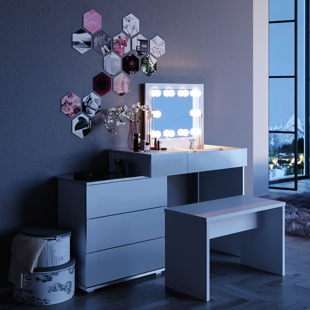 Vicco Tavolo da toeletta Bianco 117.4 cm con illuminazione a LED e panca