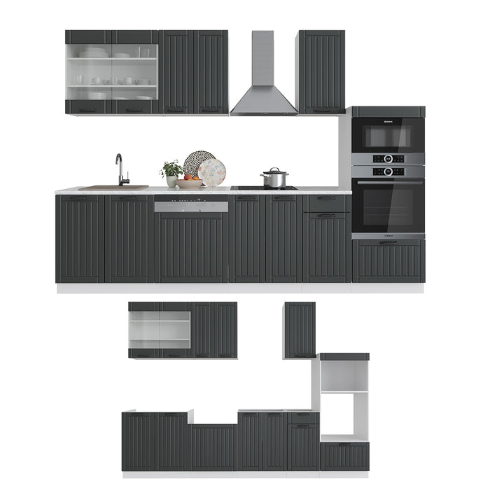 Vicco Cucina componibile Antracite casa di campagna/bianco 300 cm con armadio alto, PL Marmo