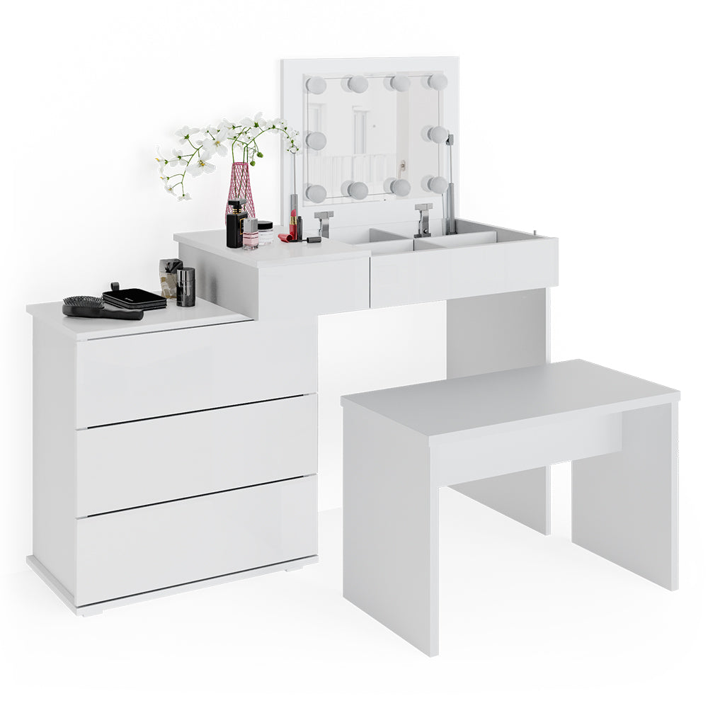 Vicco Tavolo da toeletta Bianco 117.4 cm con illuminazione a LED e panca