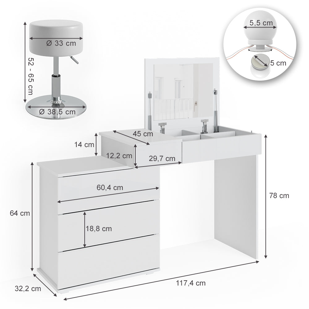 Vicco Tavolo da toeletta Bianco 117.4 cm con illuminazione LED e sgabello