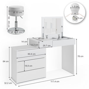 Vicco Tavolo da toeletta Bianco 117.4 cm con illuminazione LED e sgabello