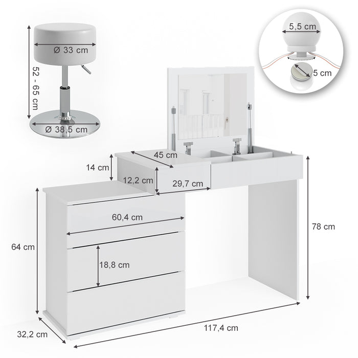 Vicco Tavolo da toeletta Bianco 117.4 cm con illuminazione LED e sgabello