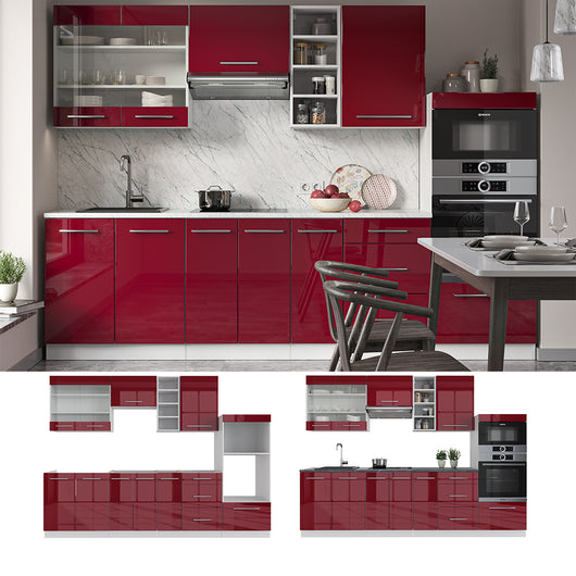 Vicco Cucina componibile Bordeaux lucido/bianco 280 cm , PL Rovere