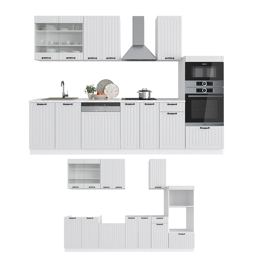 Vicco Cucina componibile Casa di campagna bianca/bianco 300 cm con armadio alto, senza piano di lavoro