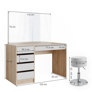 Vicco Tavolo da toeletta Bianco/Sonoma 120 cm con sgabello