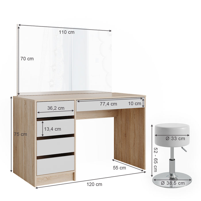 Vicco Tavolo da toeletta Bianco/Sonoma 120 cm con sgabello