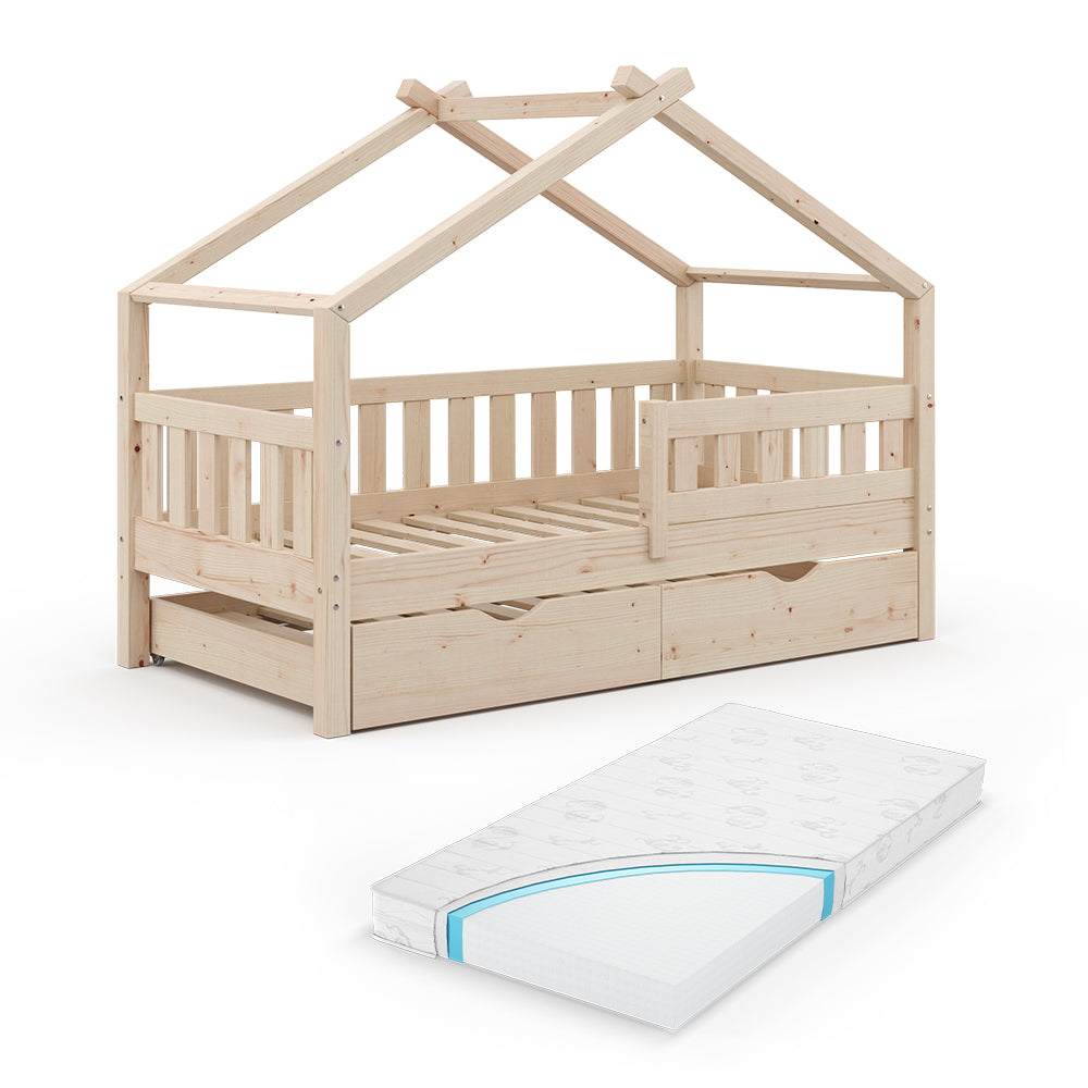 Vitalispa Letto montessori bambini Legno naturale 80x160 cm con letto per ospiti e materasso