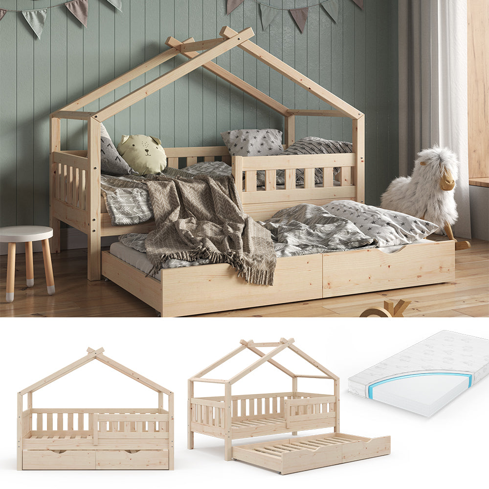Vitalispa Letto montessori bambini Legno naturale 80x160 cm con letto per ospiti e materasso