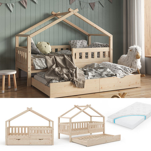 Vitalispa Letto montessori bambini Legno naturale 80x160 cm con letto per ospiti e materasso