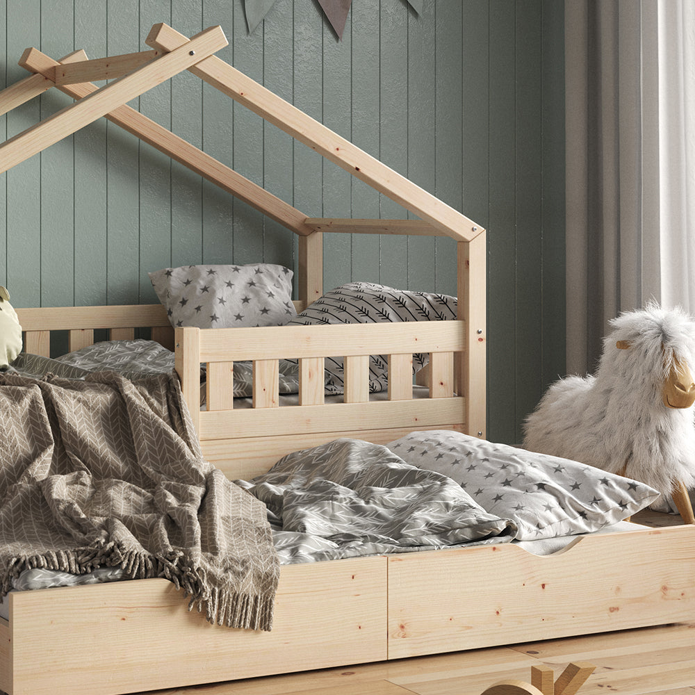 Vitalispa Letto montessori bambini Legno naturale 80x160 cm con letto per ospiti e materasso