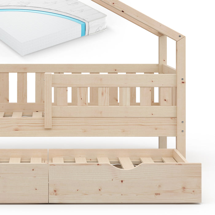 Vitalispa Letto montessori bambini Legno naturale 80x160 cm con letto per ospiti e materasso