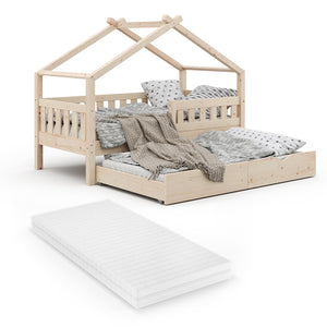 Vitalispa Letto montessori bambini Legno naturale 80x160 cm con letto per ospiti e materasso