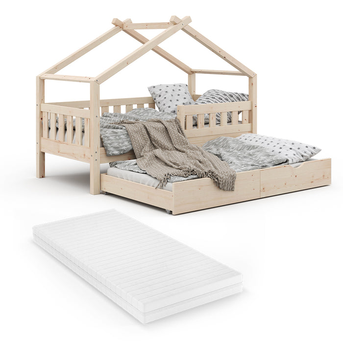 Vitalispa Letto montessori bambini Legno naturale 80x160 cm con letto per ospiti e materasso