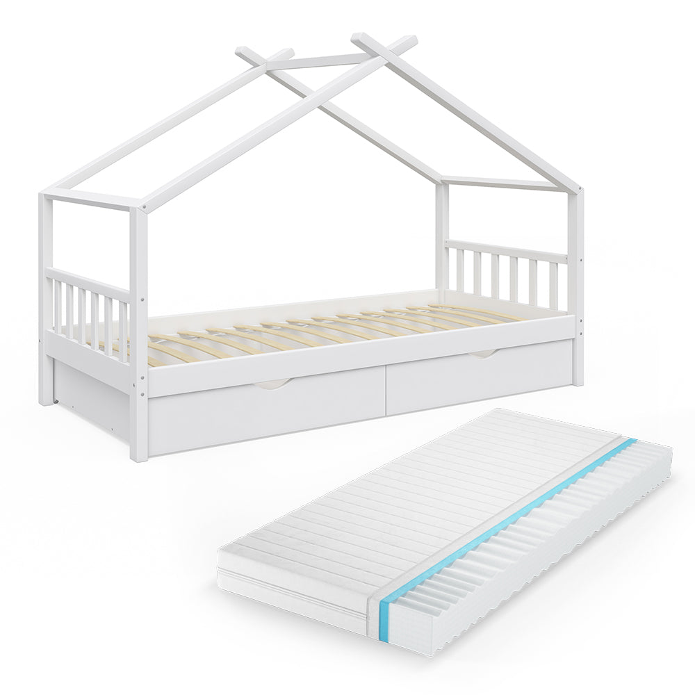 Vitalispa Letto montessori bambini Bianco 90x200 cm con 2 cassetti e materasso