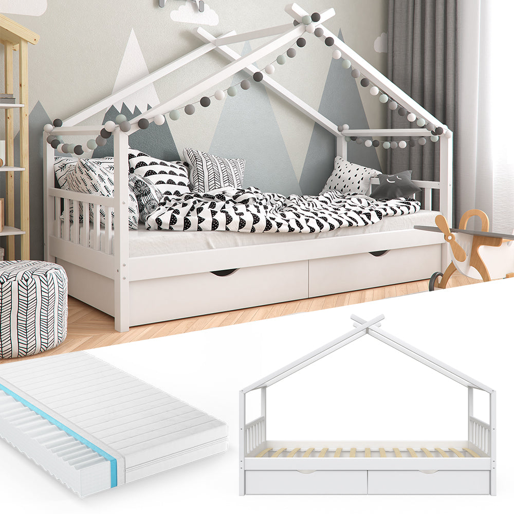 Vitalispa Letto montessori bambini Bianco 90x200 cm con 2 cassetti e materasso