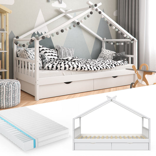 Vitalispa Letto montessori bambini Bianco 90x200 cm con 2 cassetti e materasso