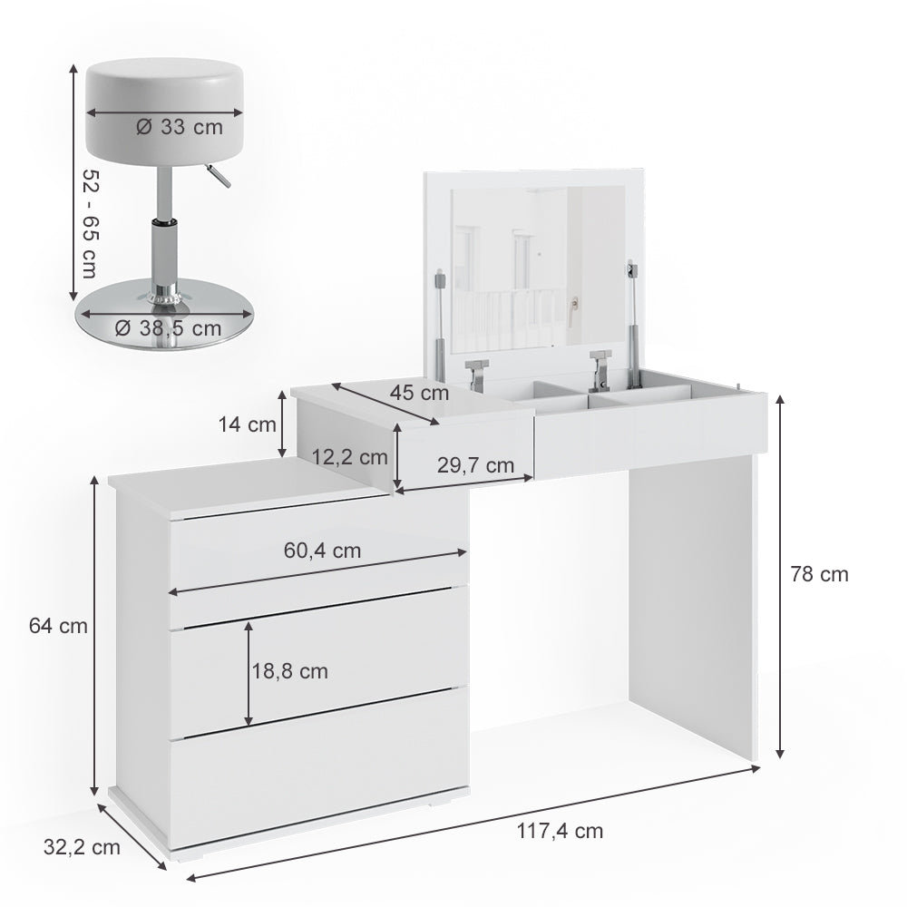 Vicco Tavolo da toeletta Bianco 117.4 cm con sgabello
