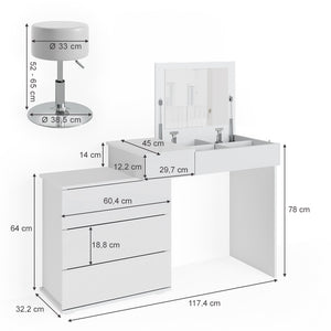 Vicco Tavolo da toeletta Bianco 117.4 cm con sgabello