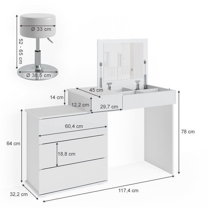 Vicco Tavolo da toeletta Bianco 117.4 cm con sgabello