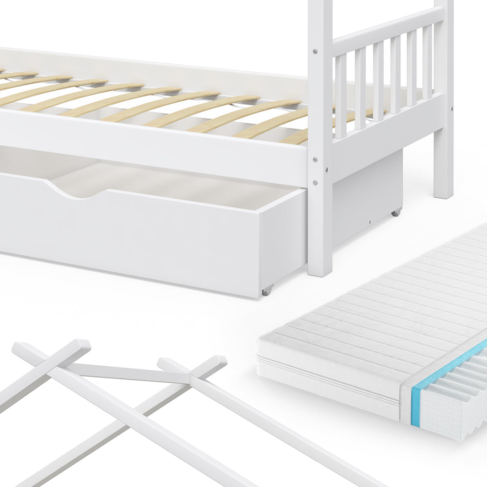 Vitalispa Letto montessori bambini Bianco 90x200 cm con 2 cassetti e materasso