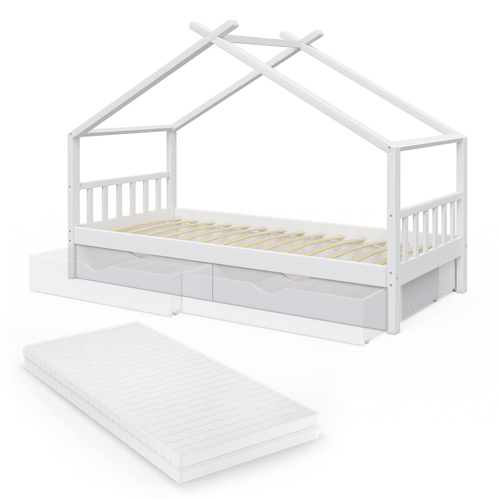 Vitalispa Letto montessori bambini Bianco 90x200 cm con 2 cassetti e materasso