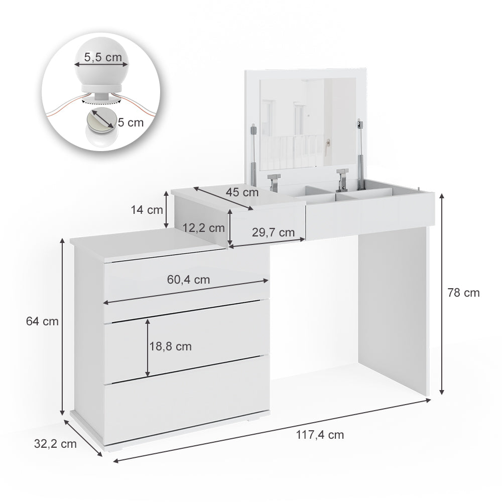 Vicco Tavolo da toeletta Bianco 117.4 cm con illuminazione a LED