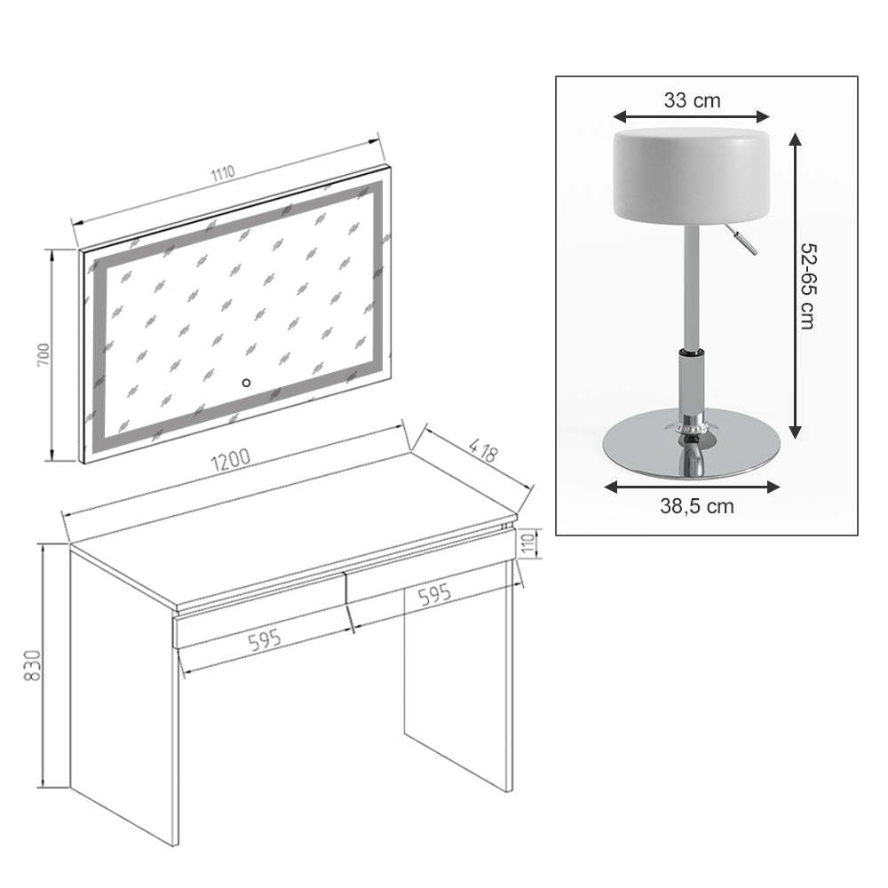 Vicco Tavolo da toeletta Bianco 120 cm con specchio e sgabello a LED