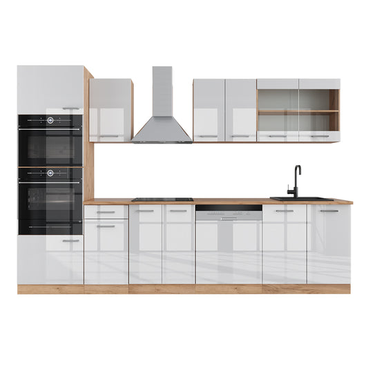 Vicco Cucina componibile Bianco lucido/oro power oak 300 cm con armadio alto, PL Rovere