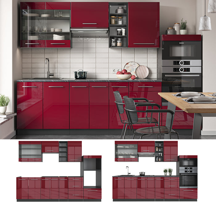 Vicco Cucina componibile Bordeaux lucido/antracite 280 cm , PL Rovere