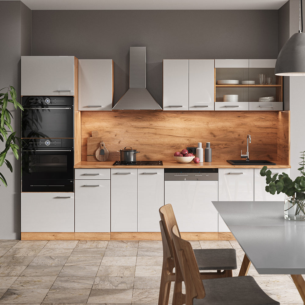 Vicco Cucina componibile Bianco lucido/oro power oak 300 cm con armadio alto, PL Marmo