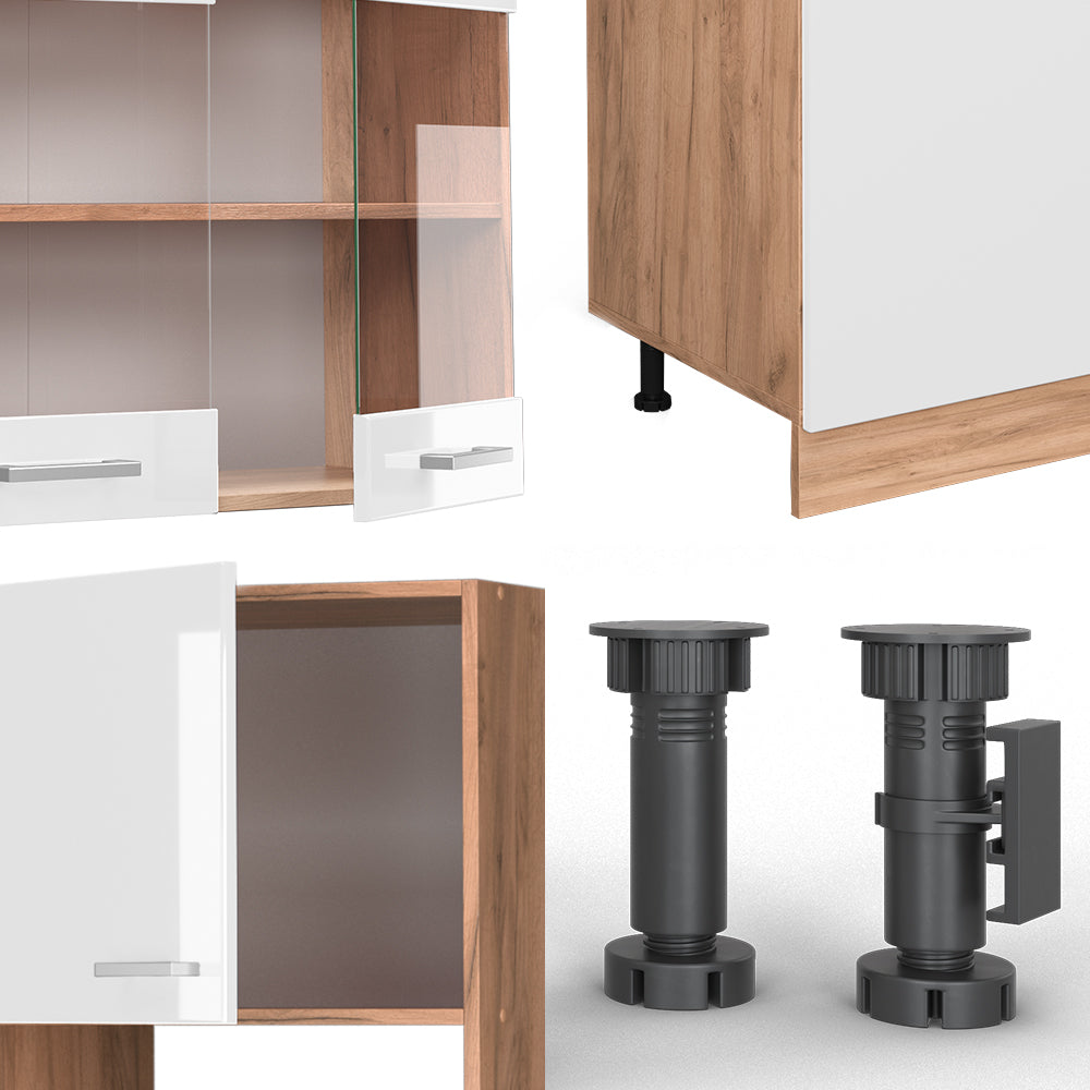 Vicco Cucina componibile Bianco lucido/oro power oak 300 cm con armadio alto, PL Marmo