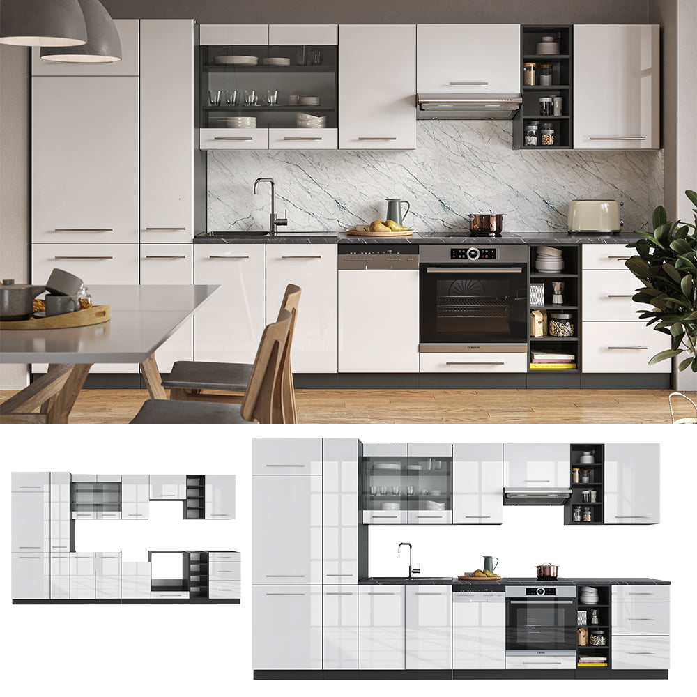 Vicco Cucina componibile Bianco lucido/antracite 355 cm senza piano di lavoro