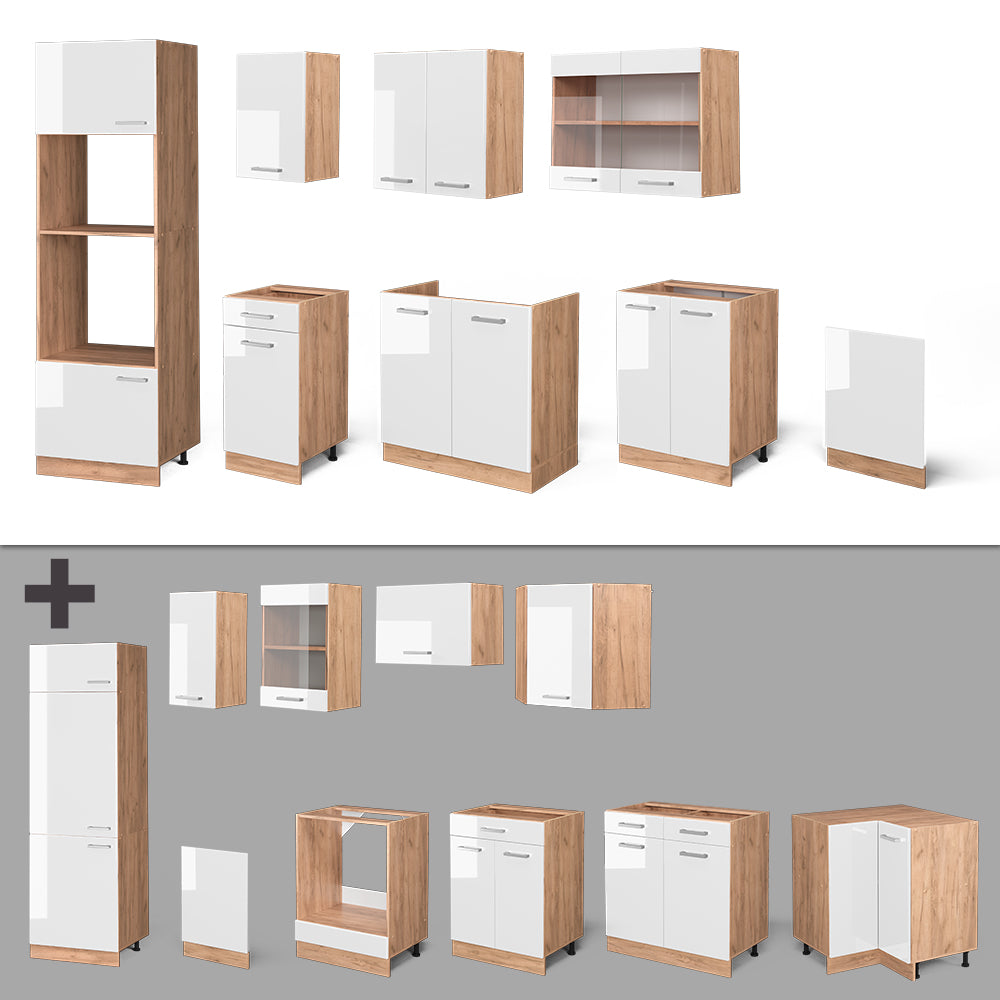 Vicco Cucina componibile Bianco lucido/oro power oak 300 cm con armadio alto, senza piano di lavoro