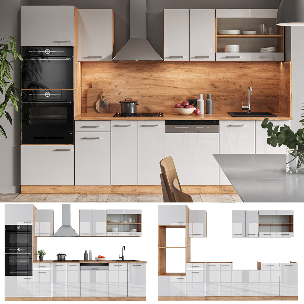 Vicco Cucina componibile Bianco lucido/oro power oak 300 cm con armadio alto, PL Rovere
