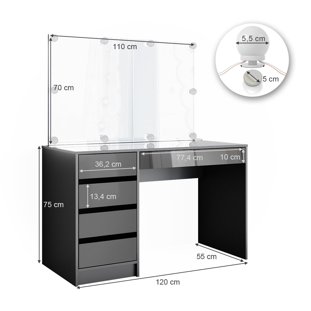 Vicco Tavolo da toeletta Antracite 55 cm con illuminazione a LED