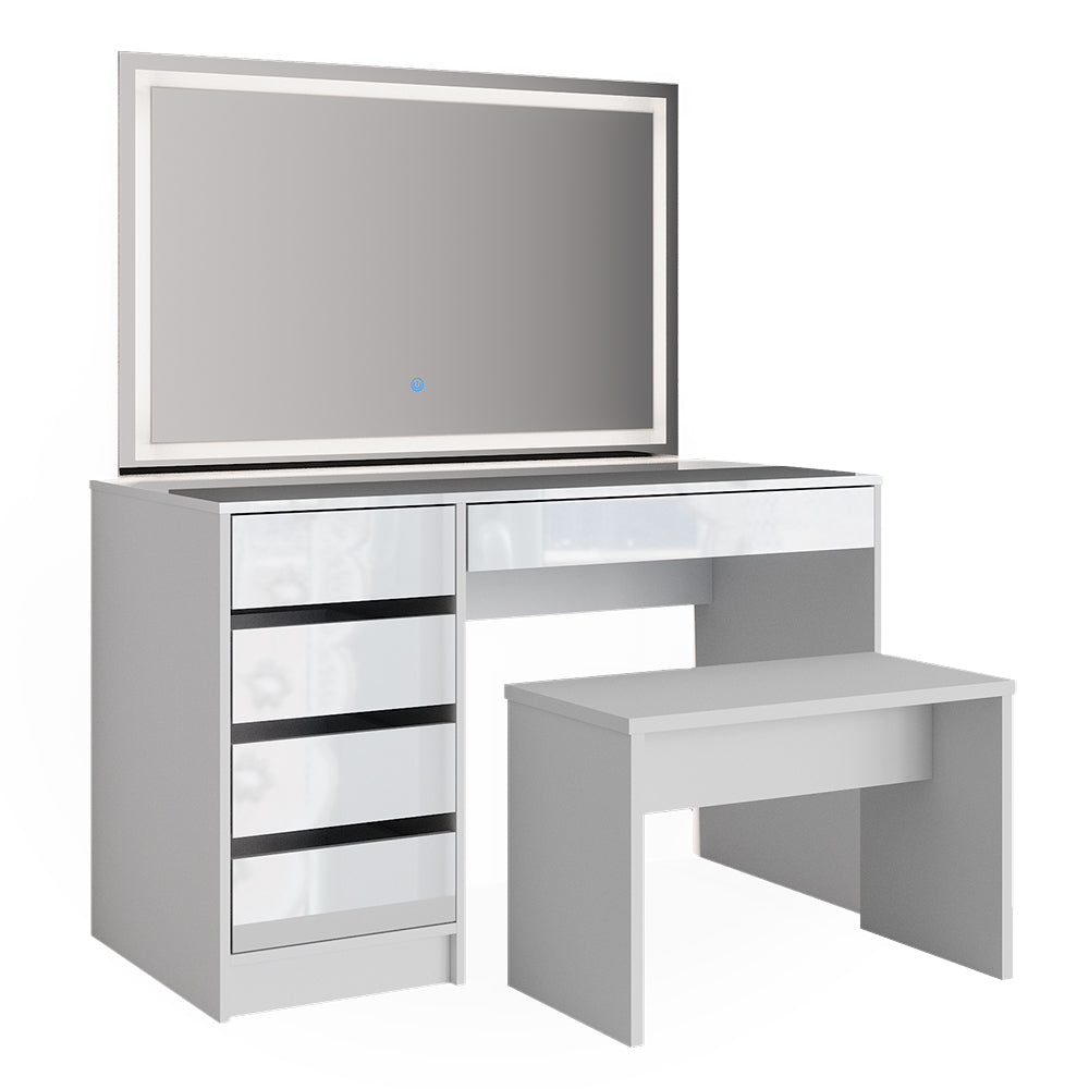 Vicco Tavolo da toeletta Bianco 55 cm con specchio a LED e panca